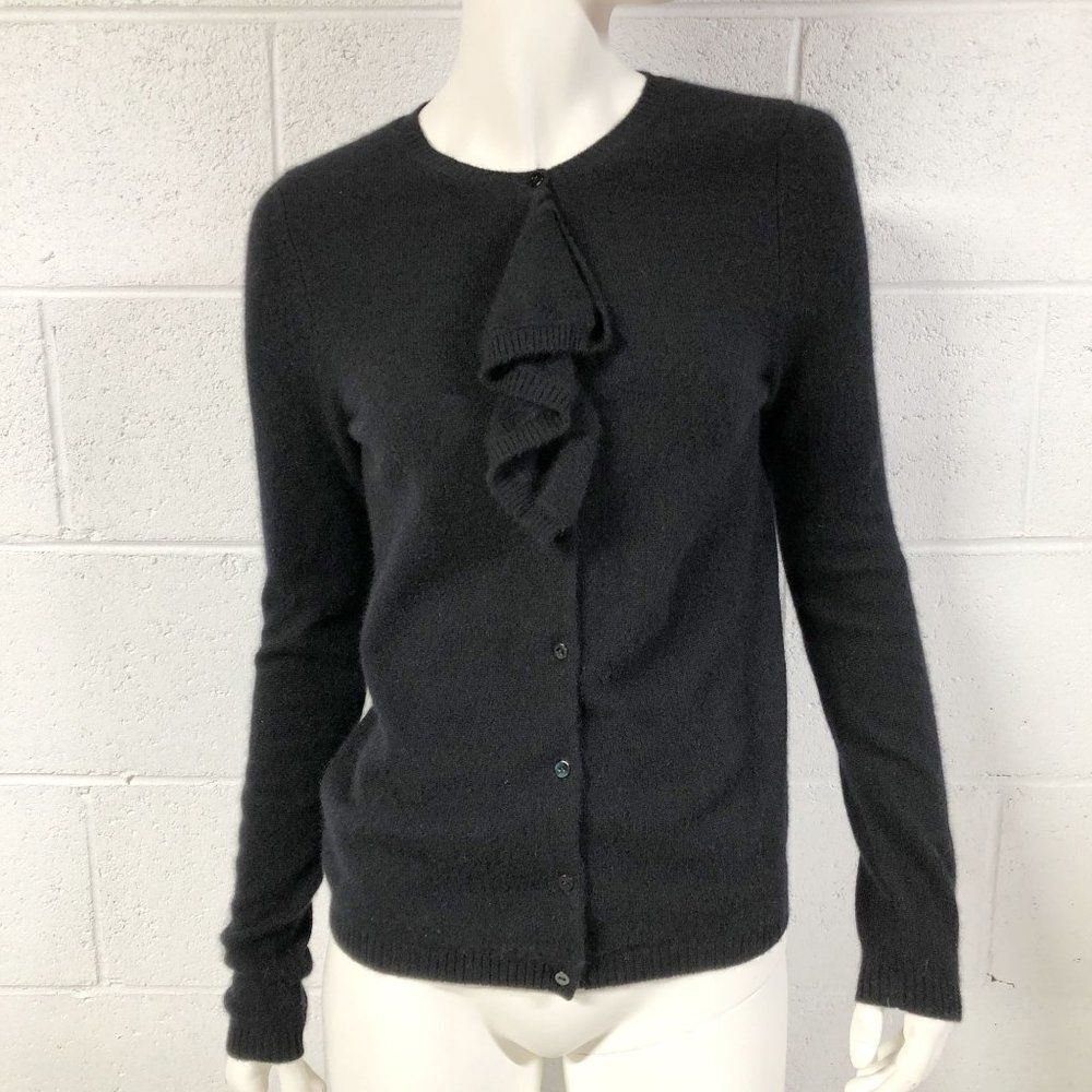Womens Sutton Cashmere Black 100% Cashmere Cardigan Sweater Ruffle Detail Size M
